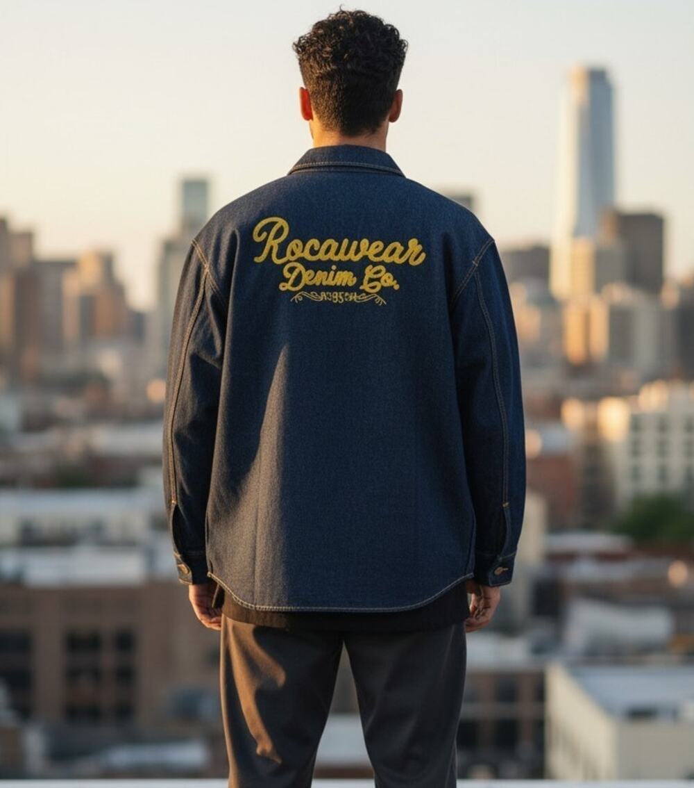 Vintage Rocawear Denim Shacket Men's 3XL Blue Embroidered Y2K Hip Hop Jacket